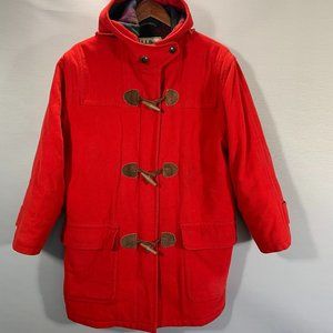 Vintage L L Bean Jacket Womens  XL Red Wool Zip Leather Toggle Hood Plaid Lined